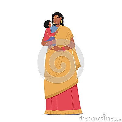 Indian Woman Wear Red Sari and Yellow Scarf Holding Baby on Hands, Mother Female Character in Traditional Clothes Vector Illustration