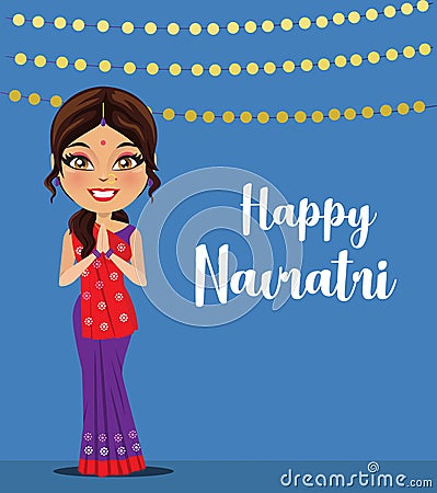 Indian woman wearing a saree worn in the state of Gujarat and ready to celebrate the festival of navratri - Vector Stock Photo