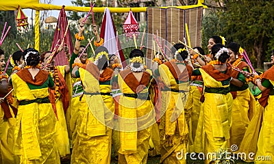 The Indian women celebrating Holi [ festival of colors] with music and dance. Editorial Stock Photo