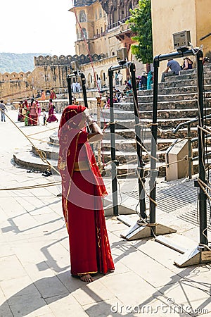 Indian women at the entrance of the annual Navrata Festival in Amer Editorial Stock Photo