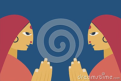 Indian women greeting each other with Namaste gesture Vector Illustration