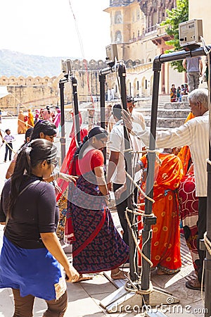 Indian women queue up for entrance to the annual Navrata Festival Editorial Stock Photo