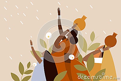 Indian rural women receiving the rain in the outdoor Vector Illustration