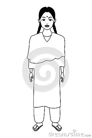 Indian girl wearing traditional hindu clothes in black and white Vector Illustration