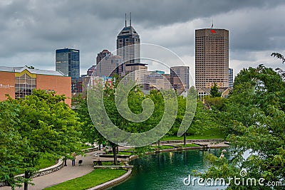 The Indiana Central Canal and view of the downtown skyline in Indianapolis, Indiana Editorial Stock Photo