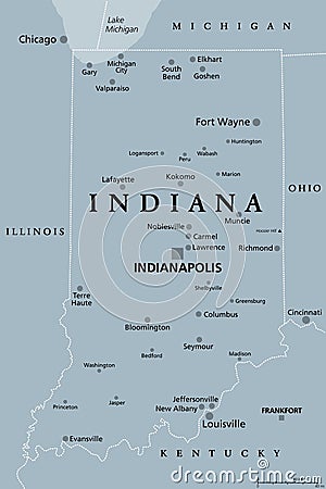 Indiana, IN, gray political map, US state, The Hoosier State Vector Illustration