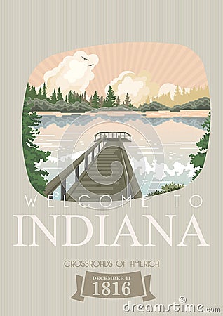 Indiana state. The hooster state. United States of America. Crossroads of America. Postcard from Indianapolis. Travel vector Vector Illustration