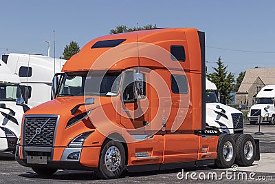 Volvo Semi Tractor Trailer Trucks Lined up for Sale. Volvo is one of the largest truck manufacturers Editorial Stock Photo