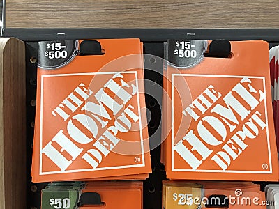 Home Depot gift cards. Home Depot is the largest home Improvement retailer in the US Editorial Stock Photo