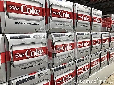 Cases of Diet Coca Cola on display. Coke products are among the best selling soda pop drinks in the US Editorial Stock Photo