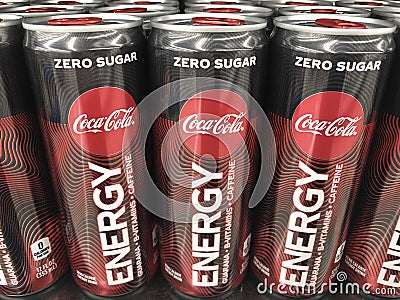 Coca Cola Energy Zero Sugar drink cans. Coke entered the Energy Drink market after buying an interest in Monster Beverage Editorial Stock Photo