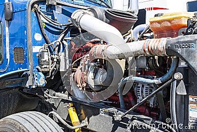 Indianapolis - Circa June 2017: Peterbuilt Big Rig Semi Tractor Trailer engine turbocharger II Editorial Stock Photo