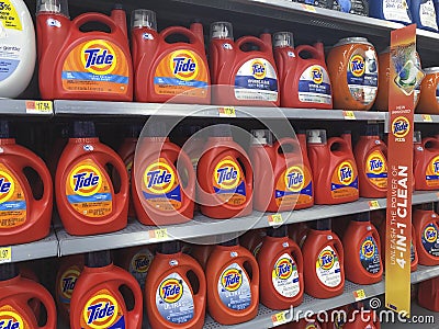 Tide detergent display. Several varieties of Tide detergent are among Procter & Gamble`s best selling products Editorial Stock Photo