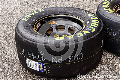 Indianapolis - Circa September 2018: Sets of Goodyear Eagle NASCAR Racing tires II Editorial Stock Photo