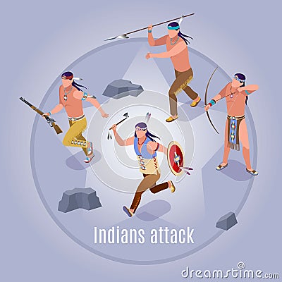 Indians attack Wild West Illustration isometric icons on isolated background Vector Illustration