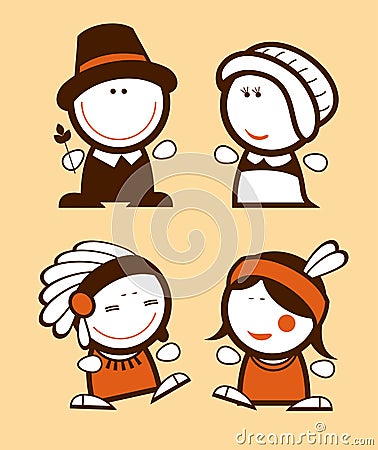 Indians and Pilgrims funny people. Vector Illustration