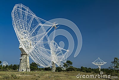 Indians radio telescopes against the blue sky Stock Photo