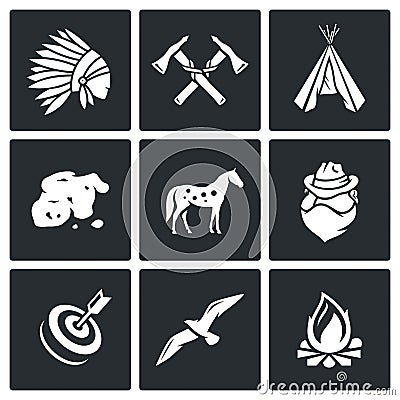 Indians Wild West and the Gold Rush icons set. Vector Illustration. Stock Photo