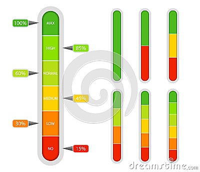 Indicator scale. Bar of meter with progress level from red to green. Vertical measuring ruler with percentage. Scale rating with Vector Illustration