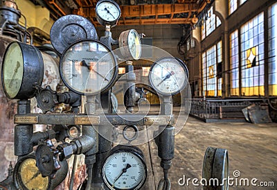 Indicators for the measurement in an old factory Stock Photo