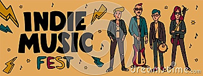 Indie music festival horizontal banner or cover template. IIllustration of musicians and and indie rock fest inscription Vector Illustration