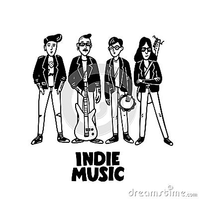 Indie rock music band. Black and white illustration of musicians wearing leather jackets. Template for card, poster Vector Illustration