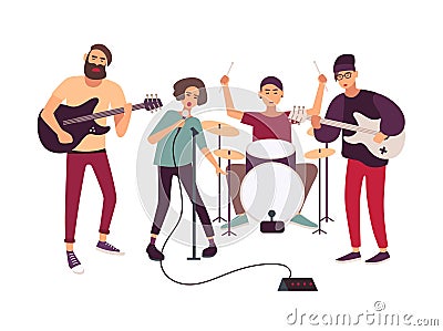 Indie rock music band performing on stage or rehearsing. Young woman singing into microphone and male musicians playing Vector Illustration