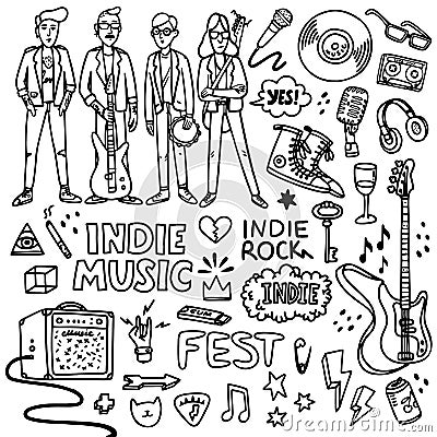 Indie rock music set. Black and white illustration of musicians and related objects such as guitar, sound amplifier Vector Illustration