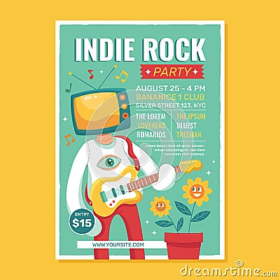 Indie Rock Party Flyer Template with Surrealistic Man and Guitar Vector Illustration