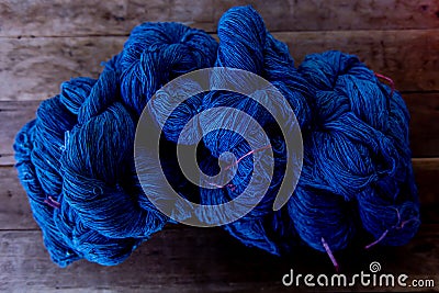 Indigenous Knowledge of thailand. Natural Indigo dye cotton fabric. Cotton thread dyed natural color Stock Photo