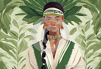 Indigenous Peoples Day illustration on green leaves background Cartoon Illustration