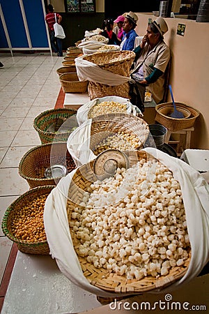 Indigenous woman selling mote hominy in Gualaceo Editorial Stock Photo