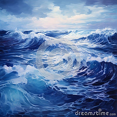 Indigo Baroque Seascape Abstract: Hyper-realistic Ocean Waves Painting Stock Photo