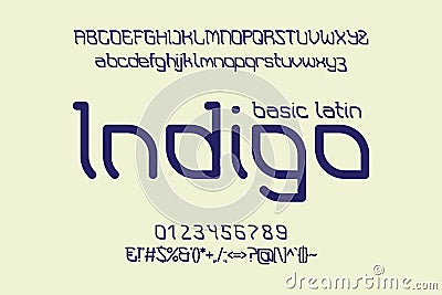 Indigo Basic Latin display font. Artistic typeface with uppercase and lowercase letters, numbers and punctuation in Indian ethnic Vector Illustration