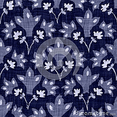 Indigo blue batik damask dyed effect texture background. Seamless japanese repeat pattern swatch. Rose motif wax resist Stock Photo