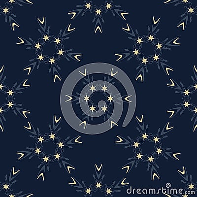 Indigo Blue Glowing Stars Texture Seamless Vector Pattern. Drawn Starry Vector Illustration