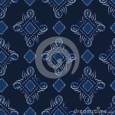 Indigo blue ornament ogee shapes. Vector pattern seamless background. Hand drawn foulard jewel graphic illustration. Trendy retro Cartoon Illustration