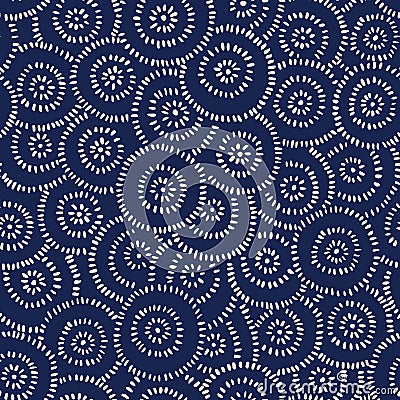 Indigo Hand-Drawn Japanese Dyed Textile Vector Seamless Pattern. Traditional Katazome Katagami Abstract Circles Flowers Vector Illustration