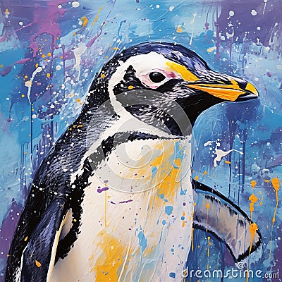 Indigo Penguin: Vibrant And Textured Marker Impressionism Wall Art Stock Photo