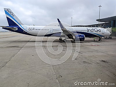 IndiGo plane at the T1 terminal at Kempegowda International Airport Bengaluru, India. Editorial Stock Photo