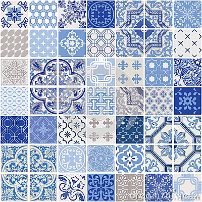 Indigo Seamless Patchwork Patterns Set Vector Illustration