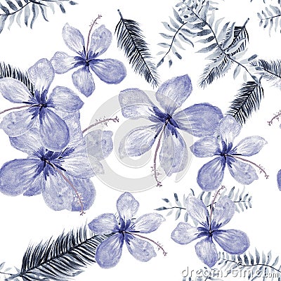 Indigo Seamless Vintage. Cobalt Pattern Painting. Blue Tropical Palm. White Flower Leaf. Gray Drawing Hibiscus. Stock Photo