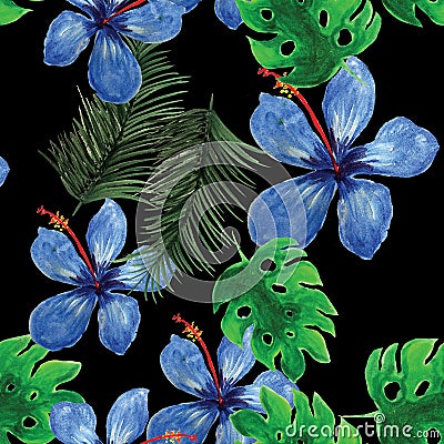 Indigo Seamless Vintage. Cobalt Pattern Painting. Green Tropical Exotic. Natural Floral Exotic. Organic Flower Foliage. Stock Photo