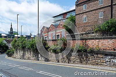 Inding roads and steps in Newcastle city centre with green trees and vibrant colourful flowers, stone and brick walls Editorial Stock Photo