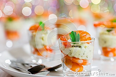 Individual Cocktail Shrimp glass Shots for Christmas dinner Stock Photo