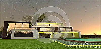 Individual design of night illumination of an elite eco-friendly cottage with a yellow LED strip. Exclusive facade to the envy of Stock Photo