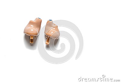 Individual digital hearing aid device for deaf and hard of hearing patients. Stock Photo