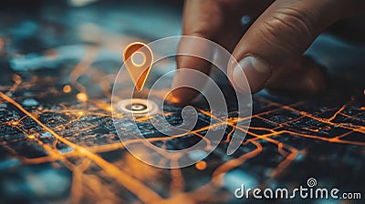 Individual engaging with digital mapping interface utilizing locator pin for navigation assistance Stock Photo