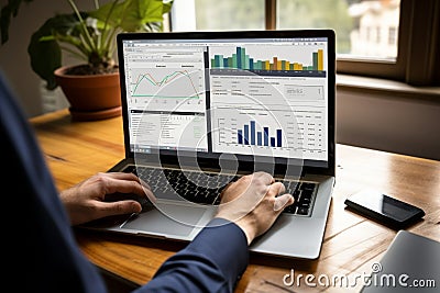Individual engaging with interactive data interface, analyzing graphs and managing tasks on desktop Stock Photo
