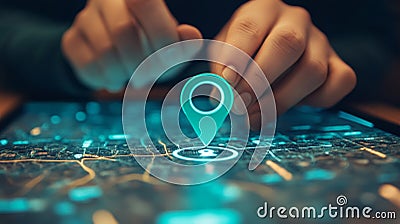 Individual engaging with interactive digital map interface utilizing locator pin for navigation Stock Photo